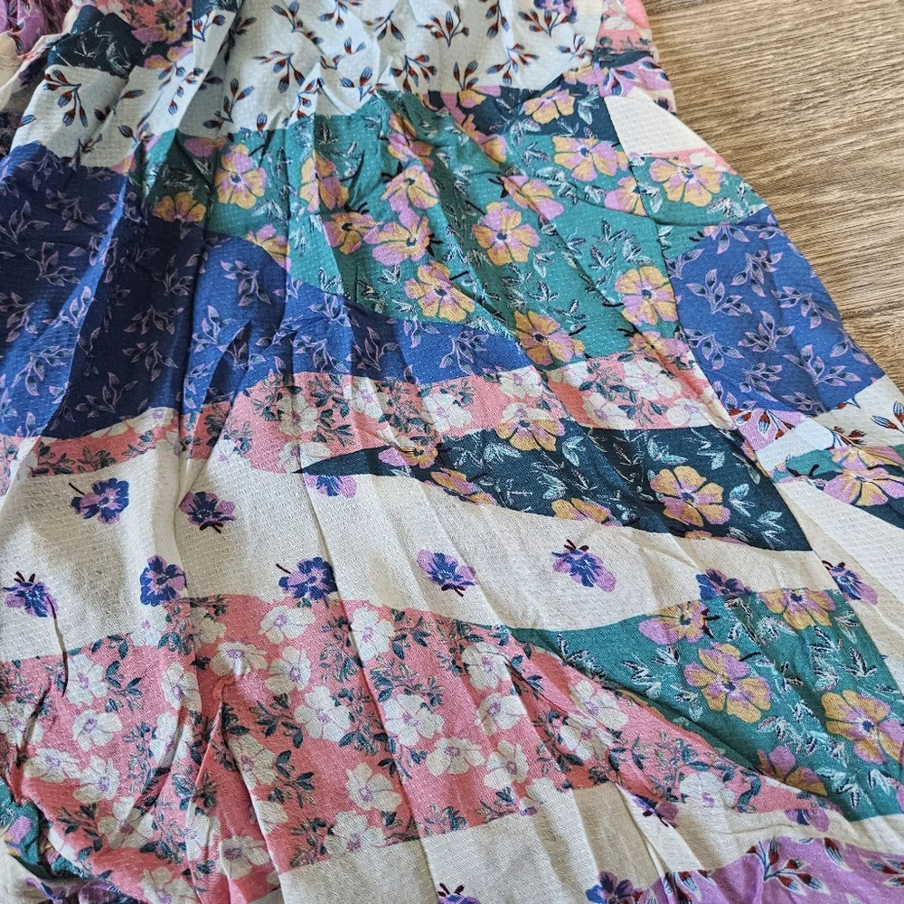 Olivaceous Multicolored Floral Patchwork Asymmetric Boho Midi Skirt